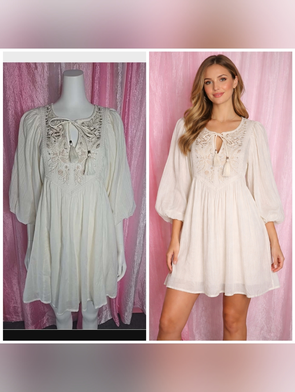 Anthropologie Mahalia Bohemian Floral Embroidered Cream Mini Dress Size Small